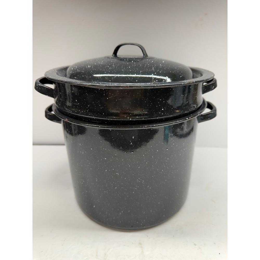 Vintage Granite Ware Steamer Pot Set Black Speckled Enamel Stockpot with Lid